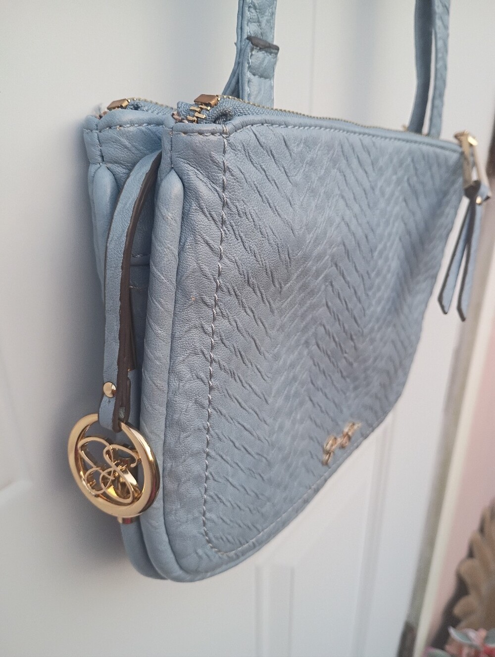 Guess Baby Blue Textured Crossbody Bag with Gold Accents